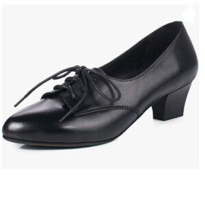 FOWT Black Lace-Up Loafers Pointed Toe Chunky Low Heel Tie Up Slip-on Pumps